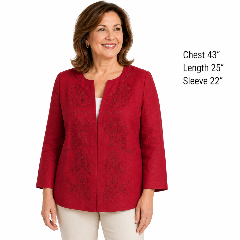 Kate Hill 100% Linen Embroidered Suit Jacket Blazer Lined Cherry Red sz 14 W